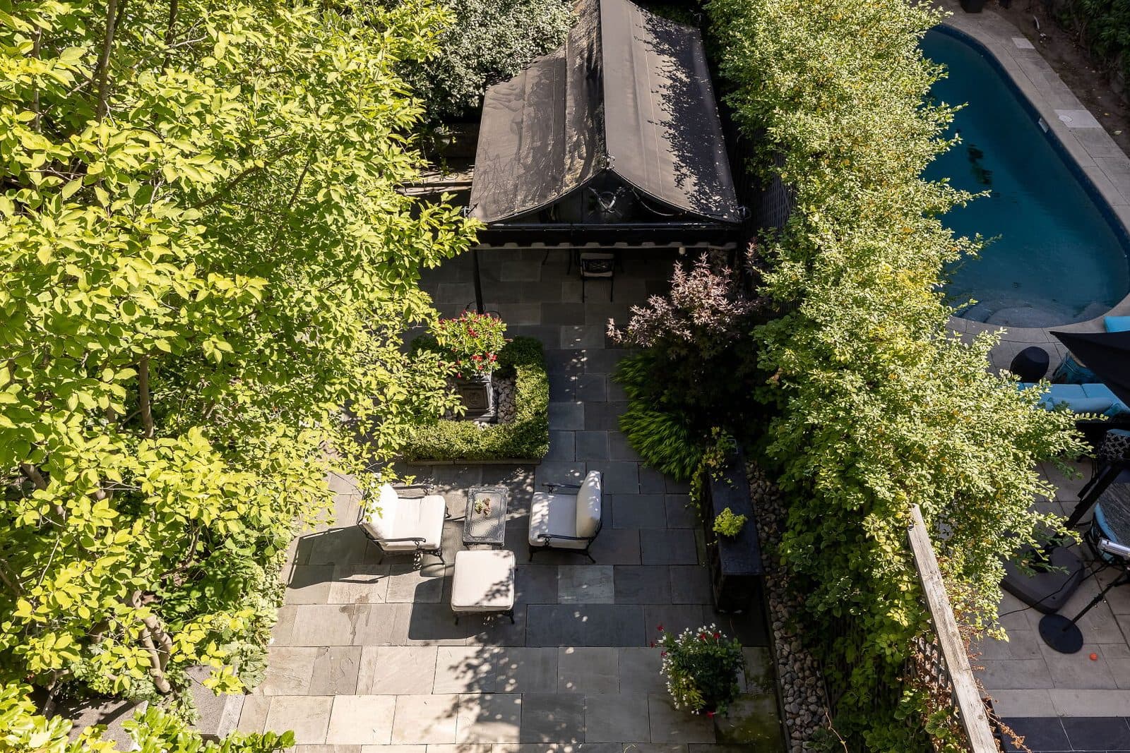 Aerial view of the walled garden and pergola