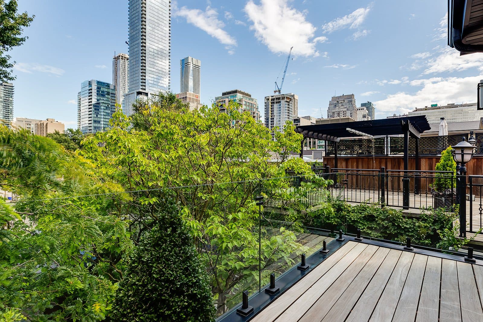 Wood deck with glass railing overlooking a tree canopy and the downtown Toronto skyline, with a wood pergola in the background.
