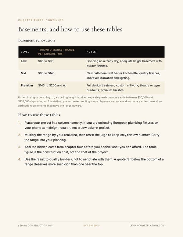 Guide spread with basement renovation cost ranges and advice on how to use the cost tables