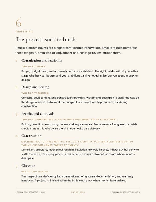 Guide spread with the five stage renovation process and realistic month counts for each stage