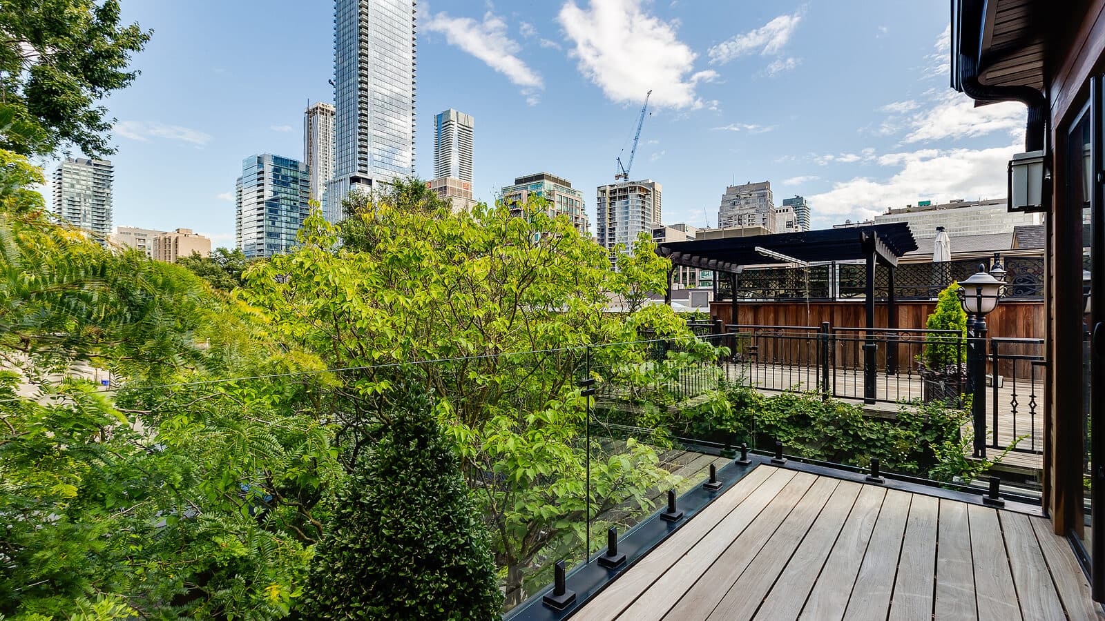 Wood deck with glass railing overlooking a tree canopy and the downtown Toronto skyline, with a wood pergola in the background