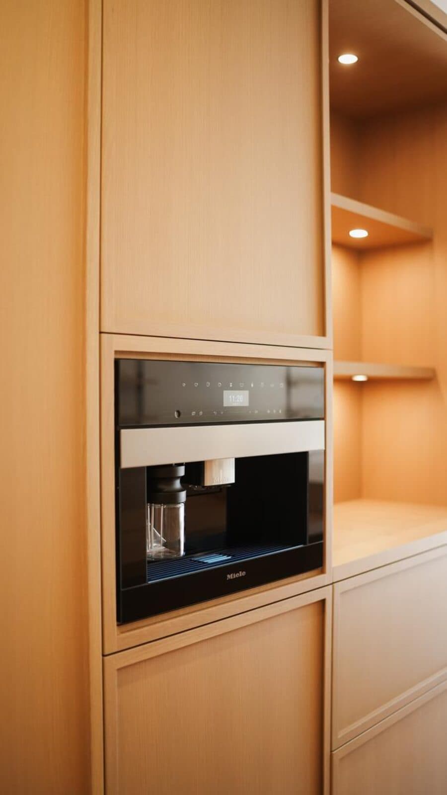Built in coffee machine set into oak millwork