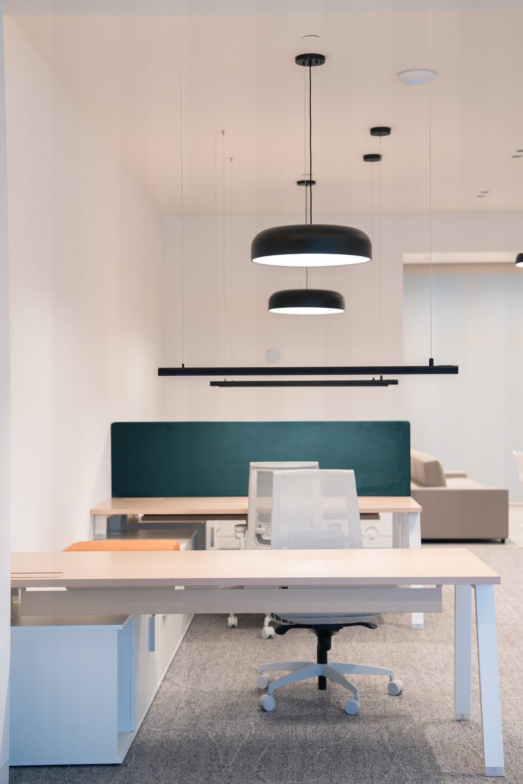 Open office floor with workstations beneath a linear pendant and acoustic panels