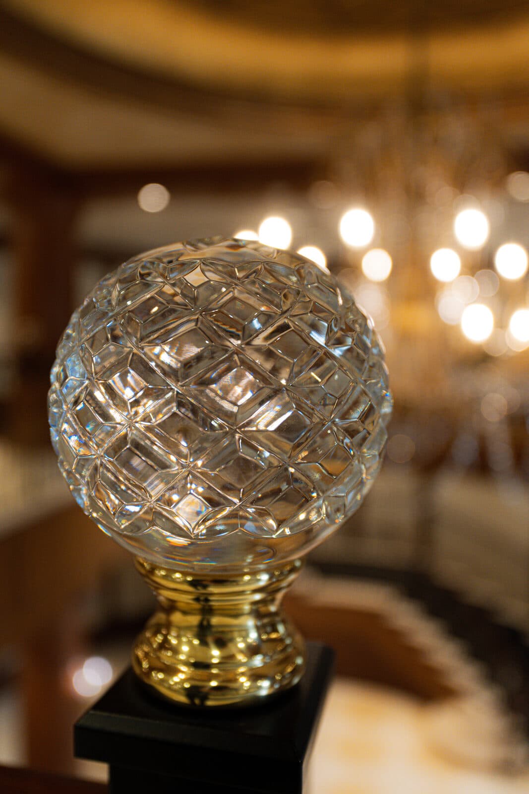 Crystal newel globe in close detail