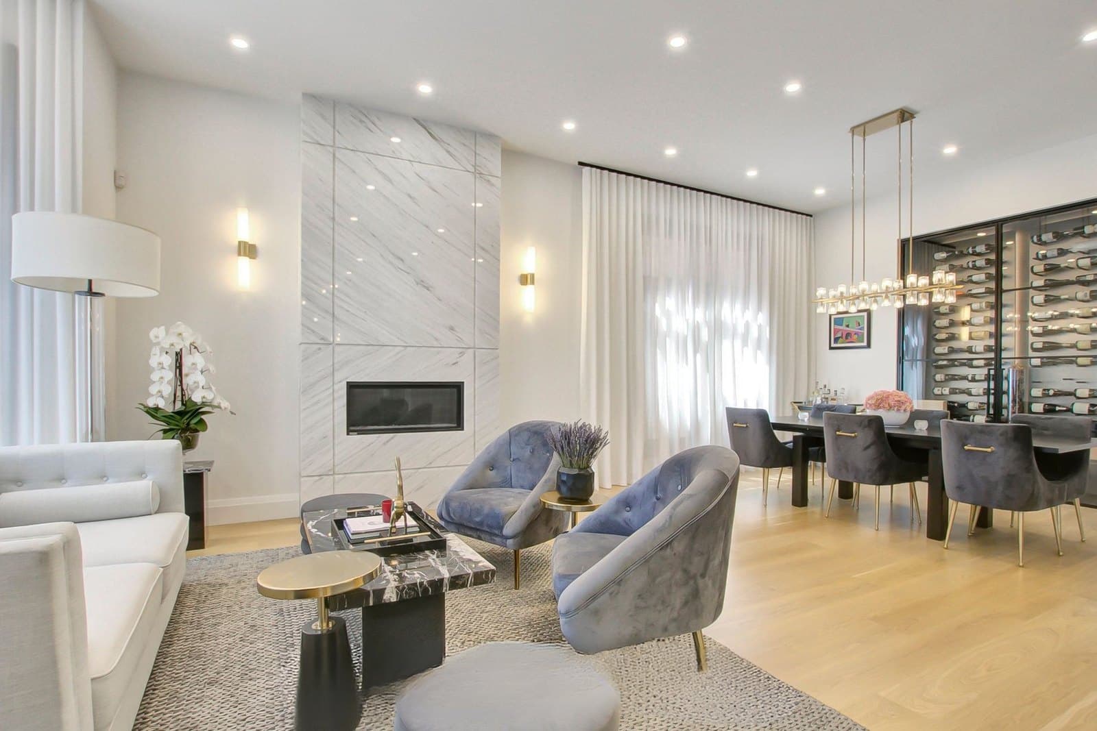 Living room with a marble fireplace and a glass enclosed wine display
