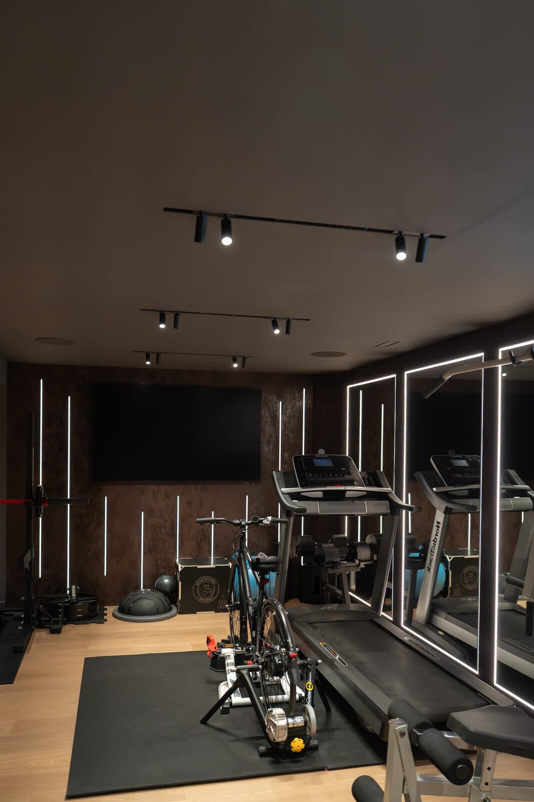 Home gym with light blades set into the walls and mirrored panels