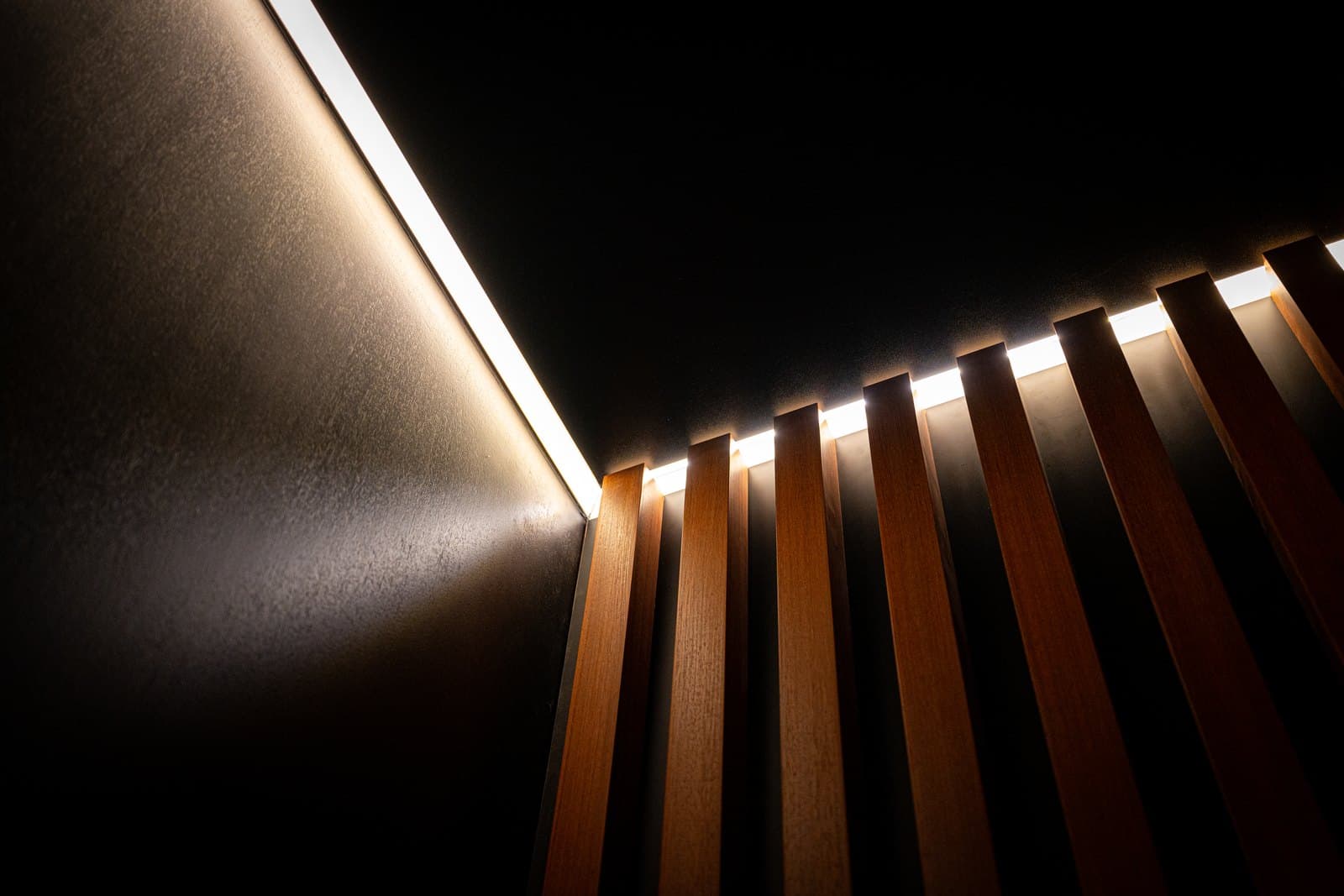 Backlit timber slat wall sweeping through the design studio